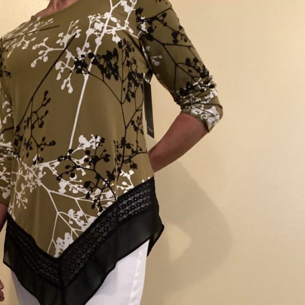 NWT Alfani Olive Green Printed Woven-Hem Blouse XS